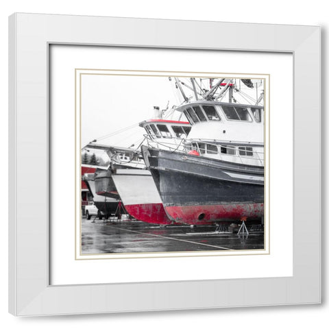 Alaska- Valdez. Fishing boats on dry dock. Artistic rendering. White Modern Wood Framed Art Print with Double Matting by Muir, Janet