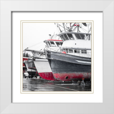 Alaska- Valdez. Fishing boats on dry dock. Artistic rendering. White Modern Wood Framed Art Print with Double Matting by Muir, Janet