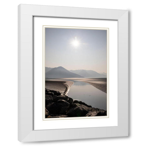 Cook Inlet-Alaska-curved stream-mountains-black and white-sunburst White Modern Wood Framed Art Print with Double Matting by Sienda, Jolly