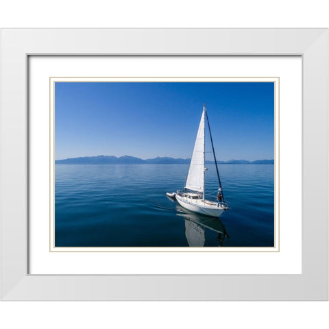 Alaska-Aerial view of Gulf 32 pilothouse boat motoring and sailing in calm waters of Frederick Sound White Modern Wood Framed Art Print with Double Matting by Souders, Paul