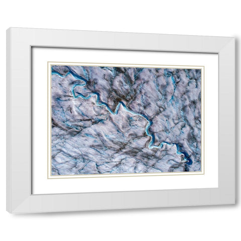 Alaska-Tracy Arm-meltwater streams and ponds on crevassed surface of Sawyer Glacier in Tracy Arm White Modern Wood Framed Art Print with Double Matting by Souders, Paul