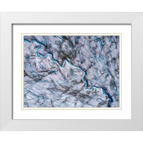 Alaska-Tracy Arm-meltwater streams and ponds on crevassed surface of Sawyer Glacier in Tracy Arm White Modern Wood Framed Art Print with Double Matting by Souders, Paul