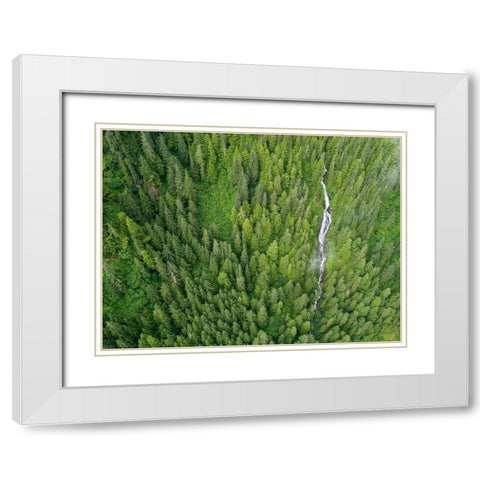 Alaska-Juneau-Taku Harbor State Marine Park-waterfall on mountainside in coastal rainforest White Modern Wood Framed Art Print with Double Matting by Souders, Paul