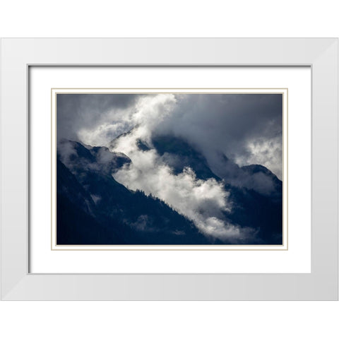 Alaska-Tracy Arm-Fords Terror Wilderness-Morning sun lights mist swirling in mountains White Modern Wood Framed Art Print with Double Matting by Souders, Paul