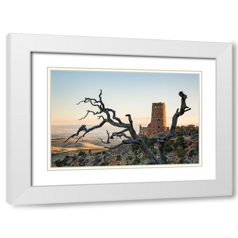 Arizona-Grand Canyon National Park-Sunrise at the Desert View Watchtower White Modern Wood Framed Art Print with Double Matting by Collins, Ann