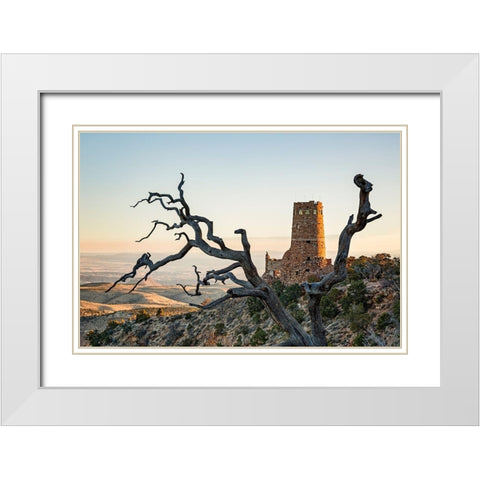 Arizona-Grand Canyon National Park-Sunrise at the Desert View Watchtower White Modern Wood Framed Art Print with Double Matting by Collins, Ann
