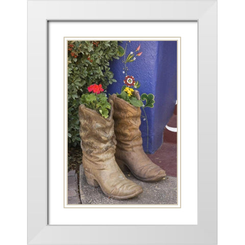 AZ, Tucson Cowboy boots used as planters White Modern Wood Framed Art Print with Double Matting by Paulson, Don