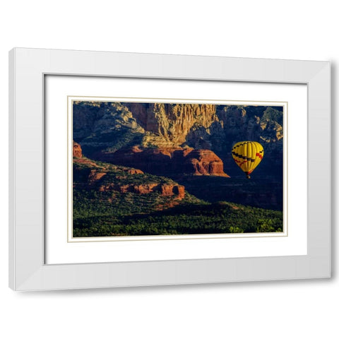 AZ, Hot-air balloon over Red Rocks SP at sunset White Modern Wood Framed Art Print with Double Matting by OBrien, Jay