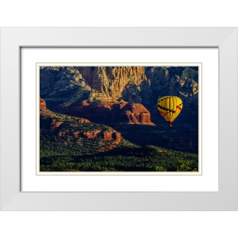 AZ, Hot-air balloon over Red Rocks SP at sunset White Modern Wood Framed Art Print with Double Matting by OBrien, Jay