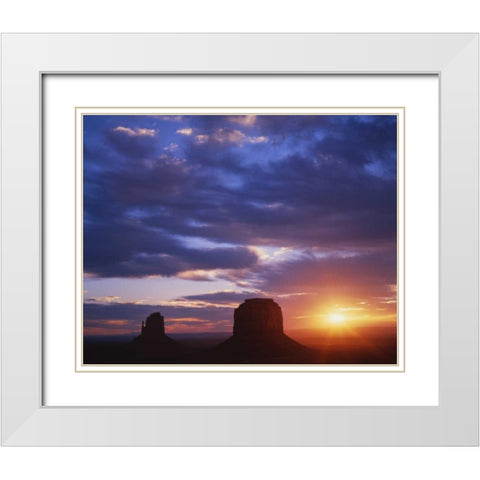 AZ, Monument Valley Sunrise on stone formations White Modern Wood Framed Art Print with Double Matting by Flaherty, Dennis