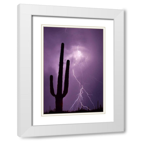 Arizona Saguaro cactus and lightning White Modern Wood Framed Art Print with Double Matting by Zuckerman, Jim