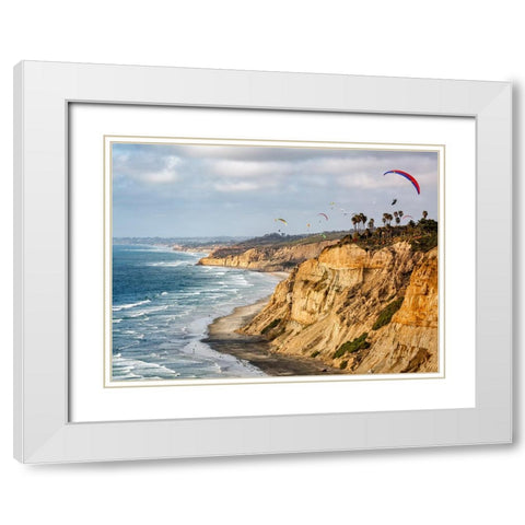 USA-California-La Jolla Paragliders soar over Blacks Beach White Modern Wood Framed Art Print with Double Matting by Collins, Ann
