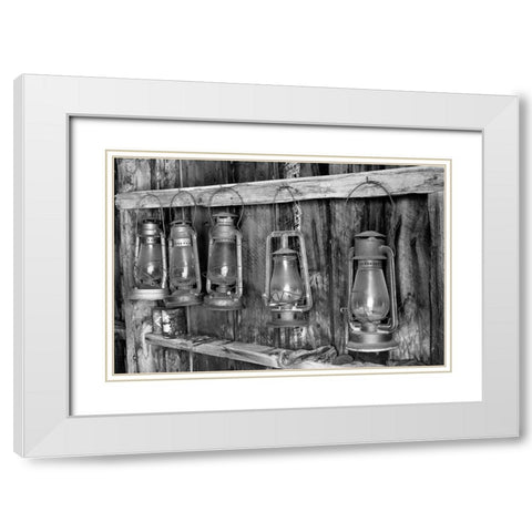 Antique lanterns-Bodie State Historic Park viewed through window-California White Modern Wood Framed Art Print with Double Matting by Jones, Adam