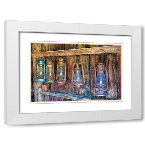Painting effect on antique lanterns-Bodie State Historic Park viewed through window-California White Modern Wood Framed Art Print with Double Matting by Jones, Adam