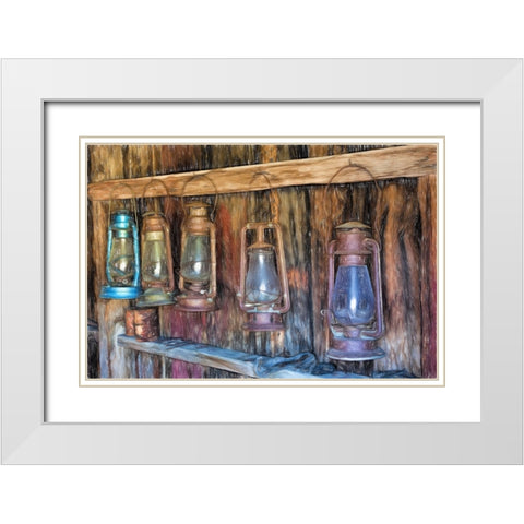 Painting effect on antique lanterns-Bodie State Historic Park viewed through window-California White Modern Wood Framed Art Print with Double Matting by Jones, Adam
