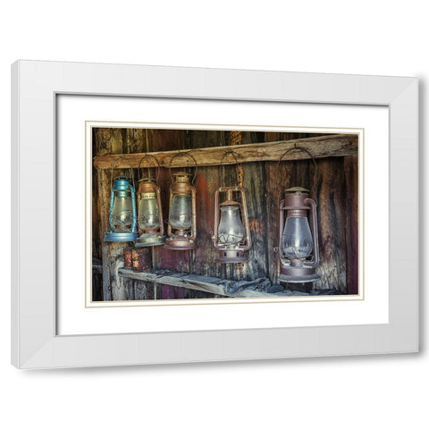 Antique lanterns-Bodie State Historic Park viewed through window-California White Modern Wood Framed Art Print with Double Matting by Jones, Adam