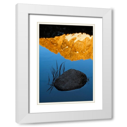 Boulder and grass stems in Alpine tarn-Tuolumne Meadows sunrise-Yosemite National Park-California White Modern Wood Framed Art Print with Double Matting by Jones, Adam