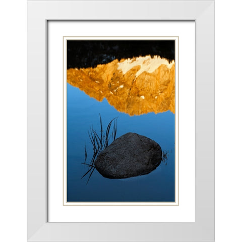 Boulder and grass stems in Alpine tarn-Tuolumne Meadows sunrise-Yosemite National Park-California White Modern Wood Framed Art Print with Double Matting by Jones, Adam