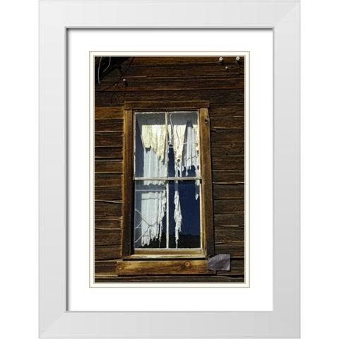 CA, Bodie SP, Tattered drapes hang in a window White Modern Wood Framed Art Print with Double Matting by Kirkland, Dennis