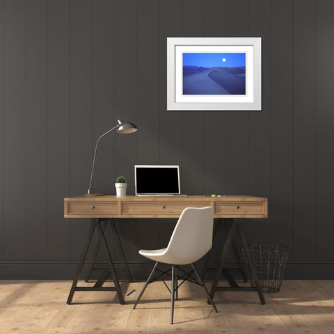 CA, Death Valley NP, Moonrise over sand dunes White Modern Wood Framed Art Print with Double Matting by Kirkland, Dennis