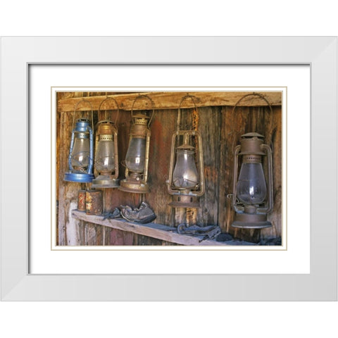 CA, Bodie SP Lanterns inside a General Store White Modern Wood Framed Art Print with Double Matting by Flaherty, Dennis