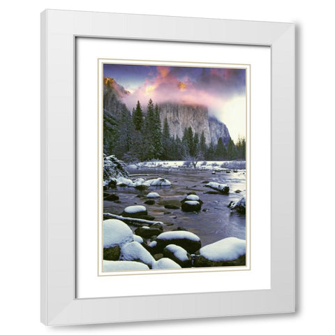 CA, Yosemite Sunlight on clouds over El Capitan White Modern Wood Framed Art Print with Double Matting by Flaherty, Dennis