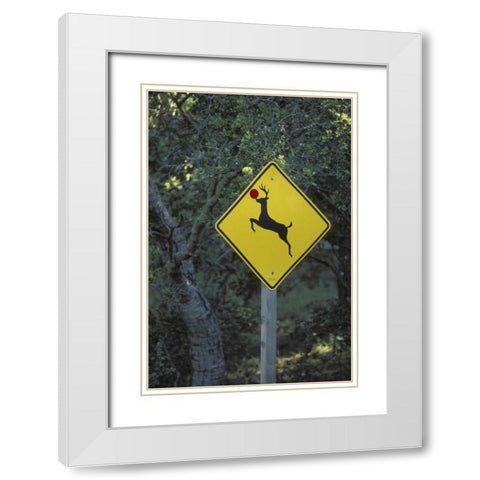 CA, Rudolph the reindeer crossing sign on Highway White Modern Wood Framed Art Print with Double Matting by Grall, Don