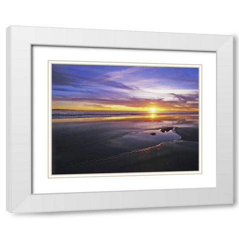 CA, Santa Barbara Sunset on the ocean and beach White Modern Wood Framed Art Print with Double Matting by Flaherty, Dennis