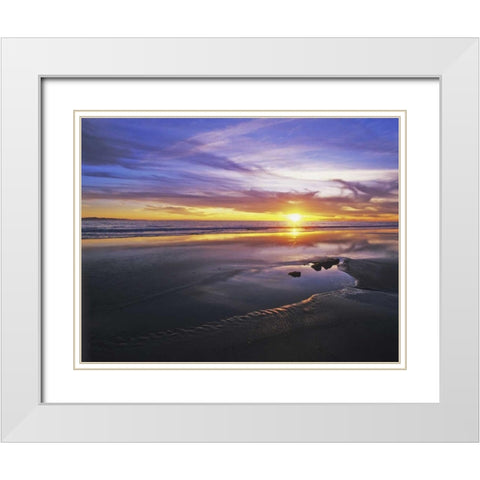 CA, Santa Barbara Sunset on the ocean and beach White Modern Wood Framed Art Print with Double Matting by Flaherty, Dennis