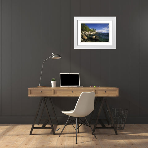 CA, Lake Tahoe Granite boulders line a lake White Modern Wood Framed Art Print with Double Matting by Flaherty, Dennis