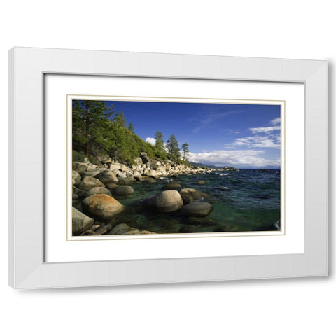 CA, Lake Tahoe Granite boulders line a lake White Modern Wood Framed Art Print with Double Matting by Flaherty, Dennis