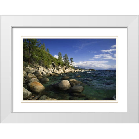 CA, Lake Tahoe Granite boulders line a lake White Modern Wood Framed Art Print with Double Matting by Flaherty, Dennis