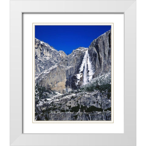 CA, Yosemite Ice-rimmed Upper Yosemite Falls White Modern Wood Framed Art Print with Double Matting by Flaherty, Dennis