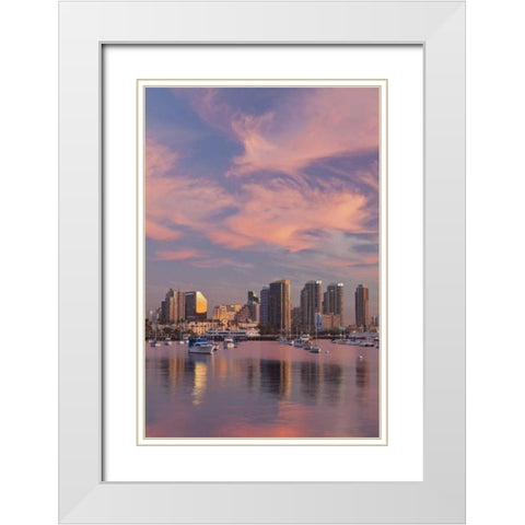 CA, San Diego Sunset view of marina and downtown White Modern Wood Framed Art Print with Double Matting by Paulson, Don