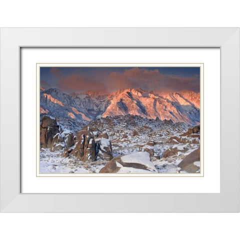 CA, Eastern Sierras Sunlight on winter landscape White Modern Wood Framed Art Print with Double Matting by Welling, Dave