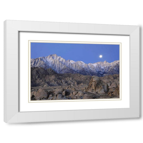 CA, Moonset on Lone Pine Peak and Mt Whitney White Modern Wood Framed Art Print with Double Matting by Flaherty, Dennis