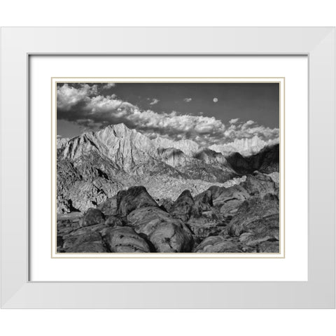 California, Sierra Nevada Moon above Mt Whitney White Modern Wood Framed Art Print with Double Matting by Flaherty, Dennis