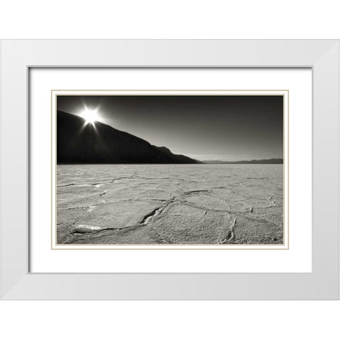CA, Death Valley Sunburst over salt pan White Modern Wood Framed Art Print with Double Matting by Young, Bill