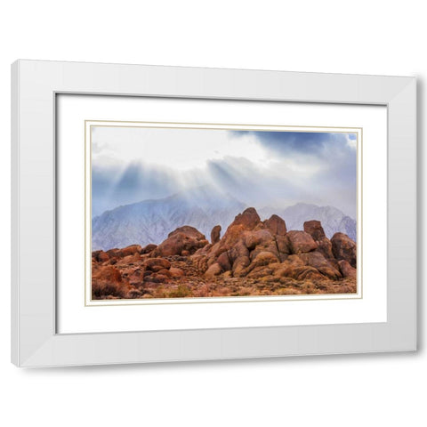 CA, Alabama Hills God rays over Lone Pine Peak White Modern Wood Framed Art Print with Double Matting by Paulson, Don