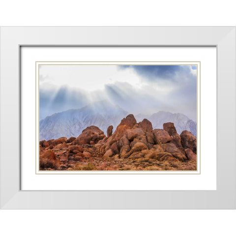 CA, Alabama Hills God rays over Lone Pine Peak White Modern Wood Framed Art Print with Double Matting by Paulson, Don