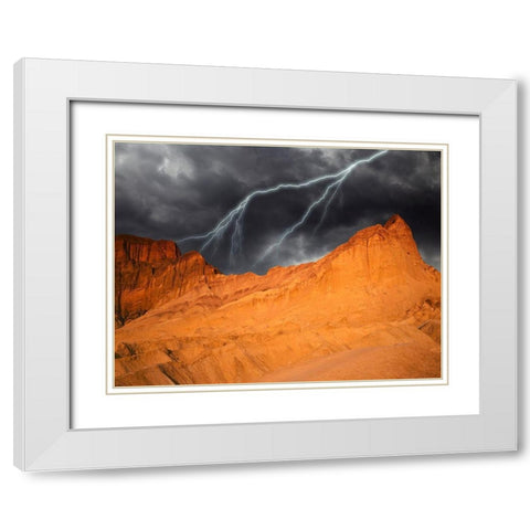 California-Death Valley National Park Composite of lightning over Golden Canyon at sunset White Modern Wood Framed Art Print with Double Matting by Jaynes Gallery