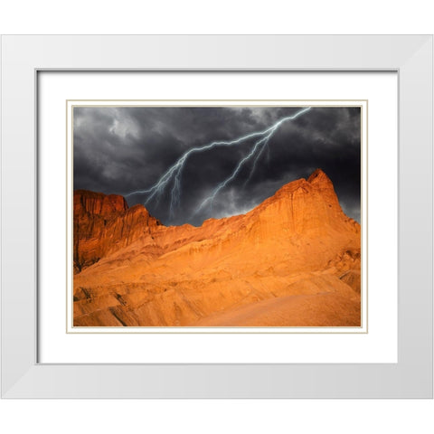 California-Death Valley National Park Composite of lightning over Golden Canyon at sunset White Modern Wood Framed Art Print with Double Matting by Jaynes Gallery
