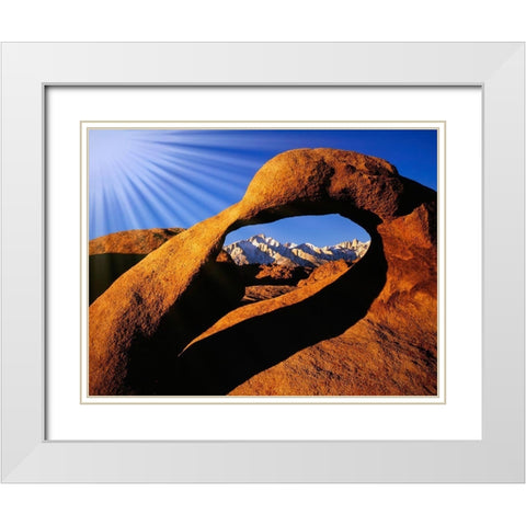 California-Alabama Hills Sun rays and granite arch that frames Lone Pine Peak White Modern Wood Framed Art Print with Double Matting by Jaynes Gallery