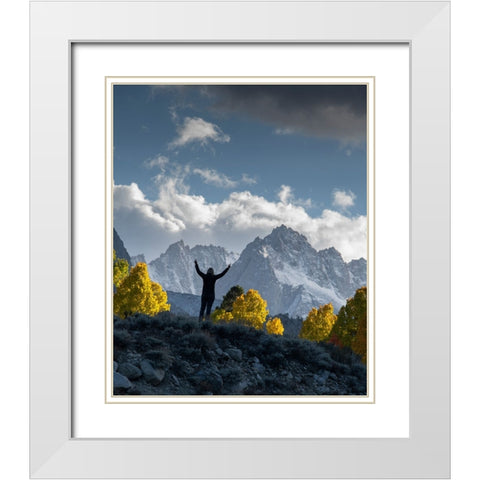 Usa-California-Sierra Nevada Bishop Creek-Rugged peaks rise behind fall aspens White Modern Wood Framed Art Print with Double Matting by Sederquist, Betty
