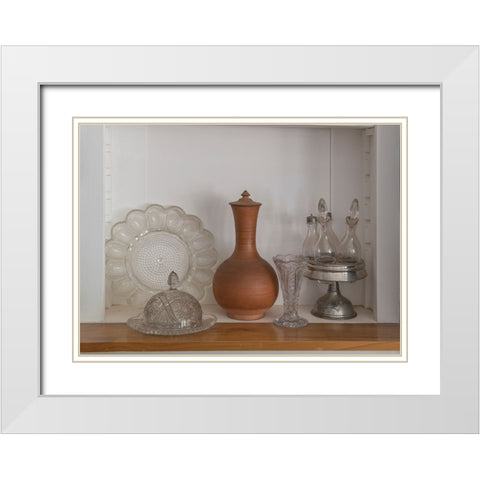 Old glass and serving ware in a ghost town. White Modern Wood Framed Art Print with Double Matting by Sederquist, Betty