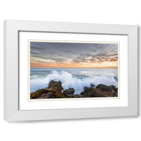 Crashing winter waves on the rocks of Lovers Point in Pacific Grove-Monterey Peninsula-California White Modern Wood Framed Art Print with Double Matting by Haddad, Sheila