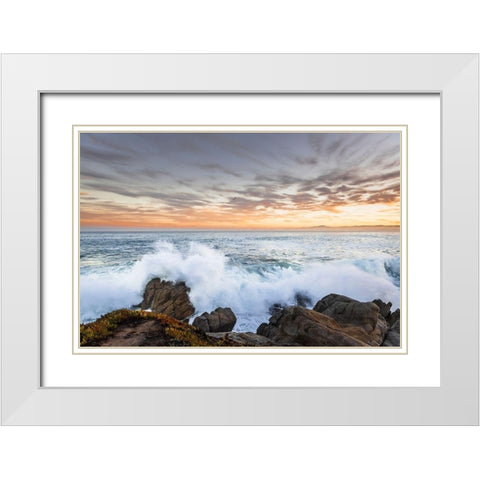 Crashing winter waves on the rocks of Lovers Point in Pacific Grove-Monterey Peninsula-California White Modern Wood Framed Art Print with Double Matting by Haddad, Sheila