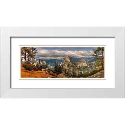 Panoramic view across Yosemite National Park to half dome in California White Modern Wood Framed Art Print with Double Matting by SMO