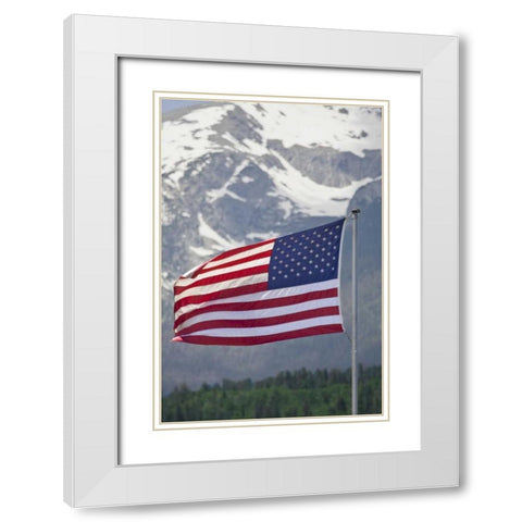CO, Silverthorne American flag and mountain White Modern Wood Framed Art Print with Double Matting by Lord, Fred