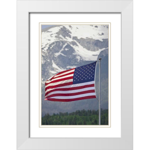 CO, Silverthorne American flag and mountain White Modern Wood Framed Art Print with Double Matting by Lord, Fred